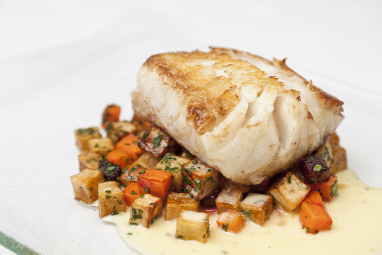 Roast cod with lemon beurre blanc and winter ratatouille 