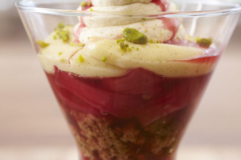 Forced Yorkshire rhubarb trifle with rum soaked parkin crumbs