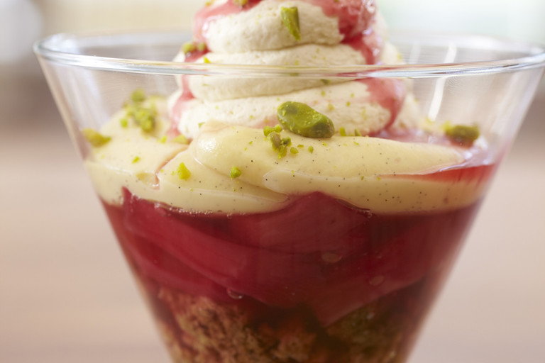 Forced Yorkshire rhubarb trifle with rum soaked parkin crumbs