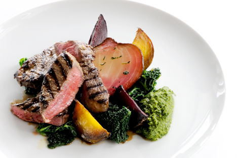 Chargrilled leg of lamb with salsa verde and roasted beetroot