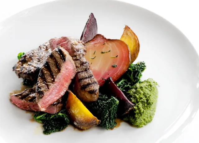 Chargrilled leg of lamb with salsa verde and roasted beetroot
