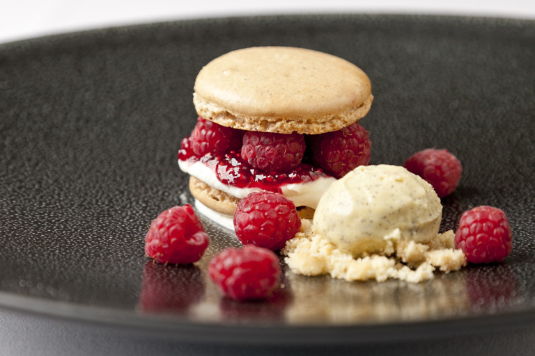 Raspberry and vanilla macaroons with vanilla ice cream