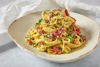 Chorizo, Iberian ham and tarragon linguini
