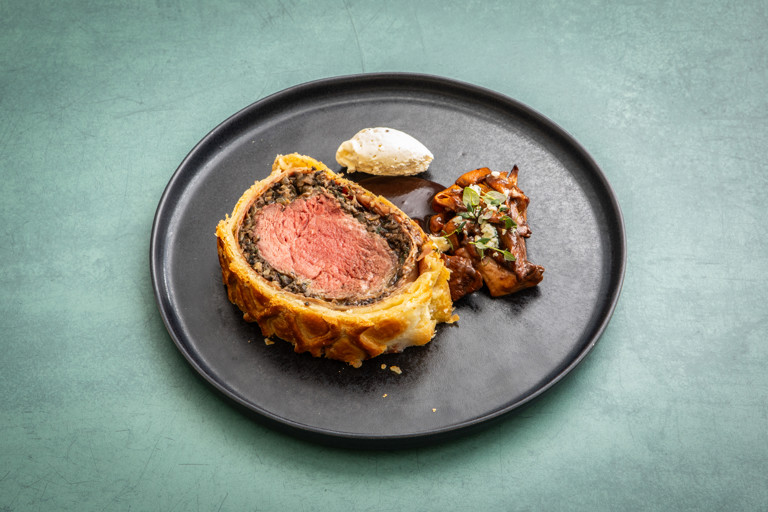 Beef Wellington with Stilton and chestnut duxelles