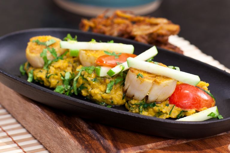 Curried scallops with coconut and coriander dahl and apple salad  