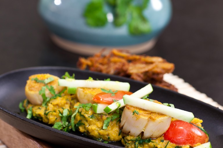 Curried scallops with coconut and coriander dahl and apple salad  
