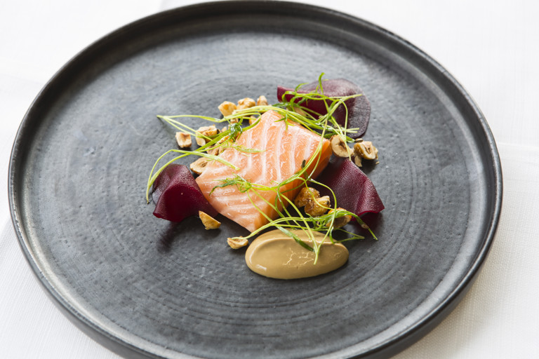 Salmon, treacle, beetroot and hazelnut