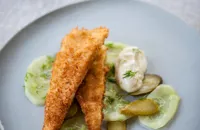 Deep-fried lemon sole with cucumber salad and lime mayonnaise
