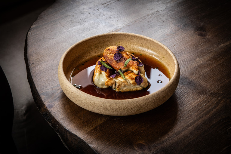 Beef cheek dumplings with oxtail broth and smoked shallot mayonnaise