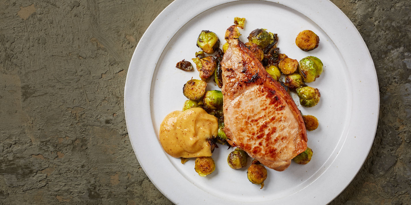 Pork Chop with Sprouts and Peach Mustard Recipe - Great British Chefs
