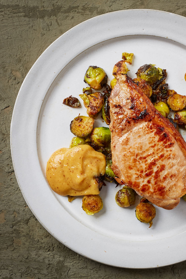 Pork Chop With Sprouts And Peach Mustard Recipe - Great British Chefs