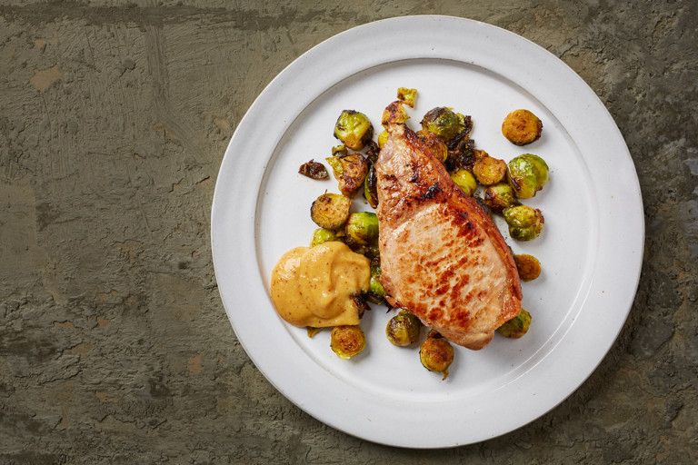 Pork Chop with Sprouts and Peach Mustard Recipe - Great British Chefs