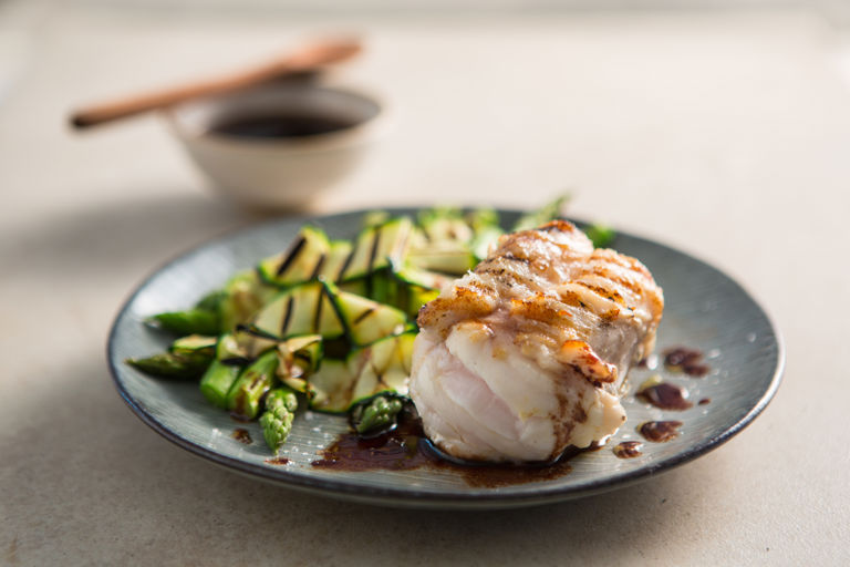 Grilled monkfish with red wine sauce