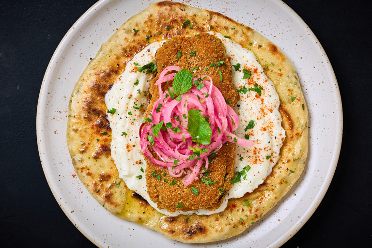 Shawarma-spiced aubergine schnitzel