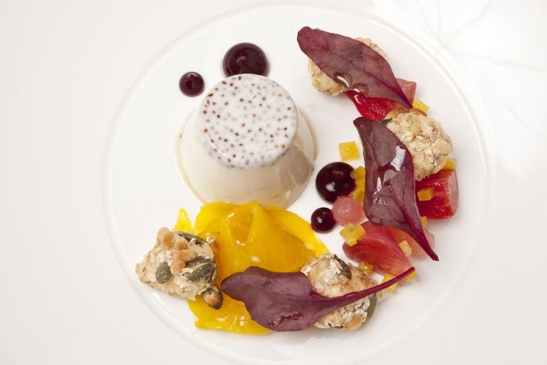 Mustard panna cotta with heritage beetroot and goat’s cheese crumble