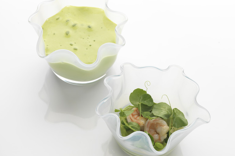 Pea and prawns with dashi jelly