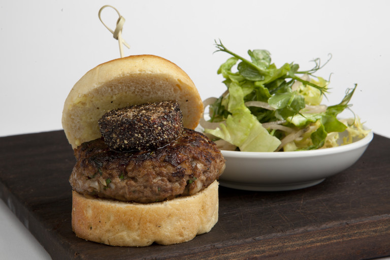 Hand-chopped rump steak burger with peppered bone marrow