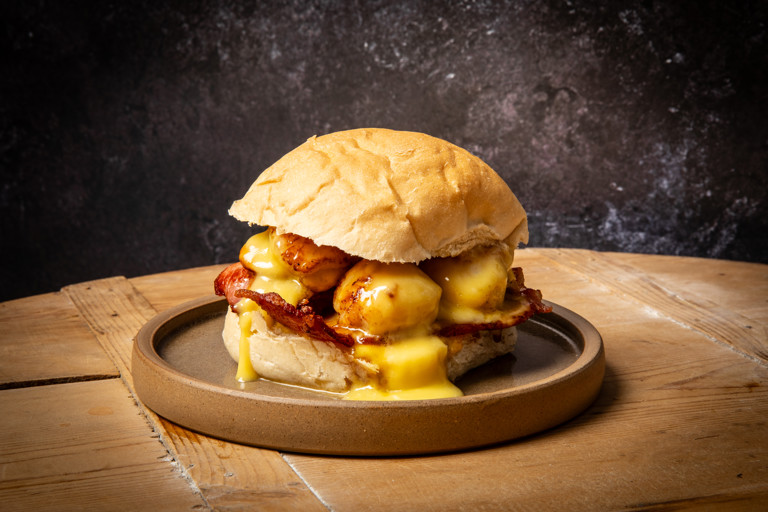 Scallop and bacon roll with malt vinegar mayo