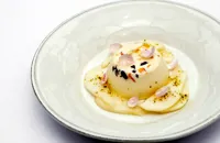 Rose and buttermilk panna cotta with comice pears
