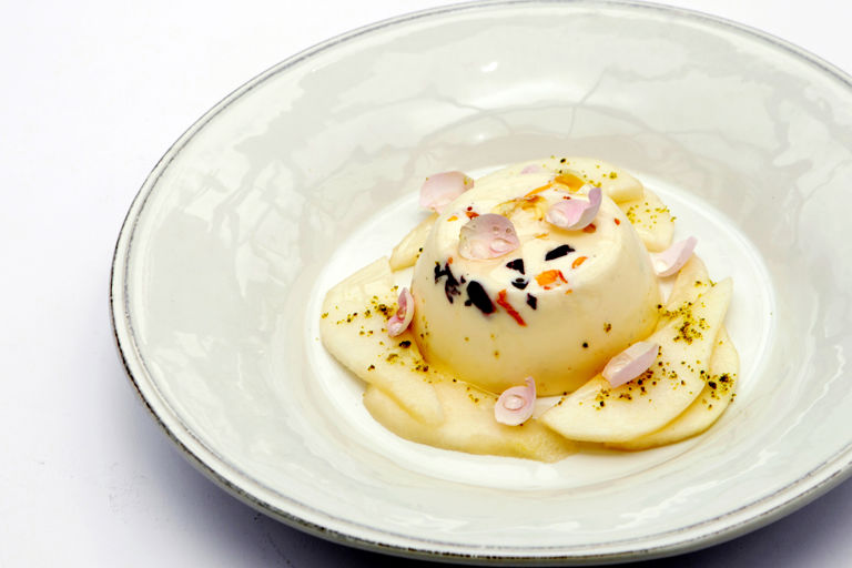 Rose and buttermilk panna cotta with comice pears