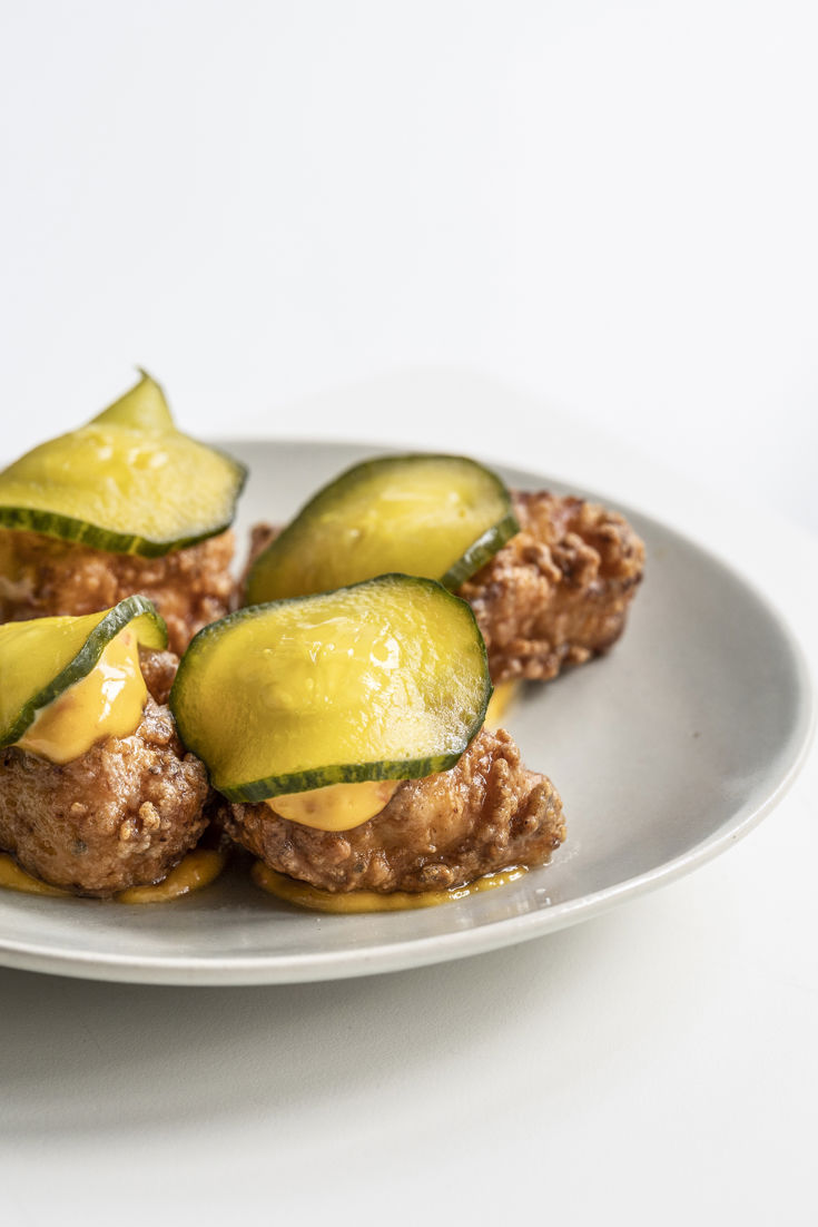 Fried Chicken, Fermented Honey, Chilli Mayonnaise and Pickled Cucumber
