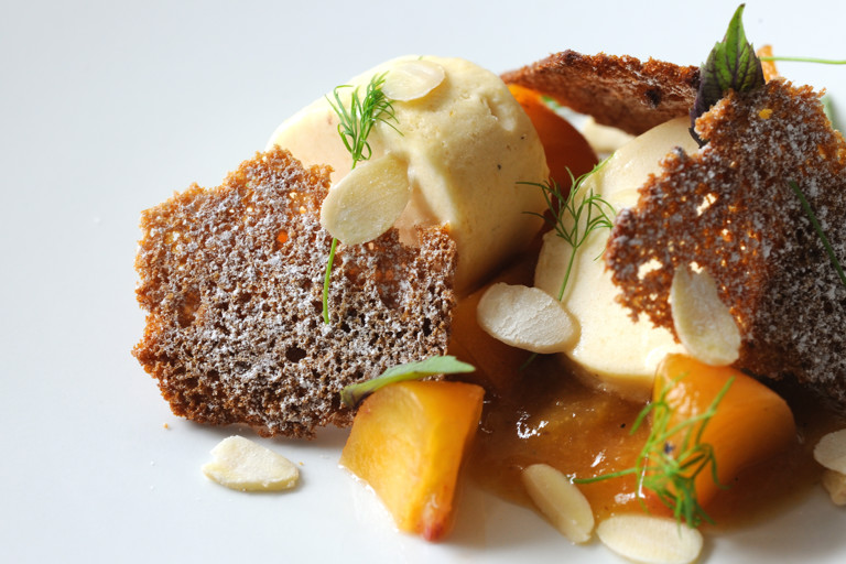 Peaches, lemon verbena and salted almonds