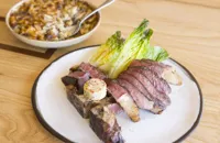 Barbecue T-bone steak with devilled butter and oxtail macaroni cheese