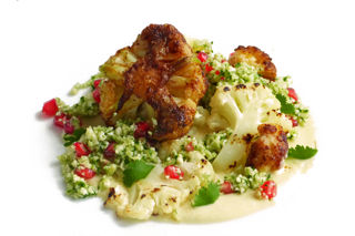 Baharat roasted and smoked cauliflower, pomegranate cauliflower couscous, tahini dressing