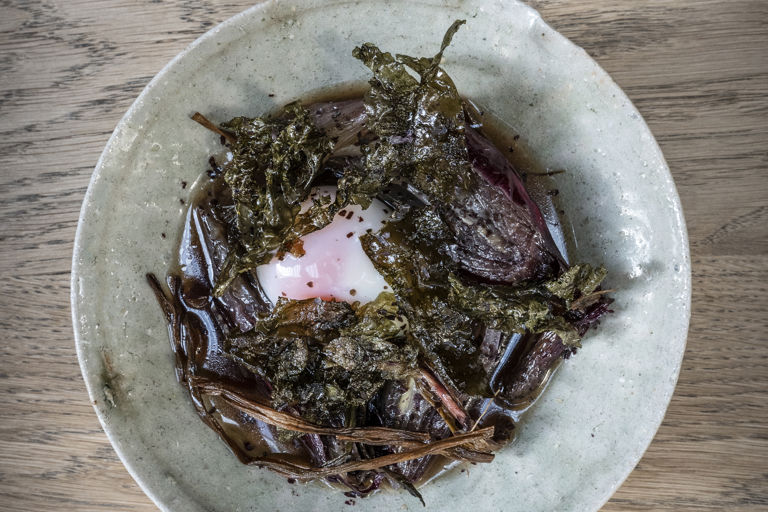 Slow-roasted Tropea onion, onsen tamago with dulse paper