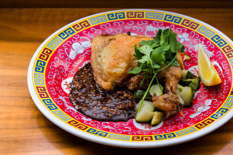 Chicken-fried chicken with pickled cucumber and peanut soy