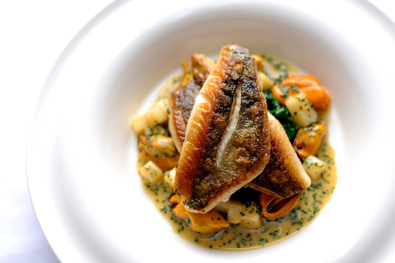 Roasted John Dory with Norfolk mussels, celeriac, apples and chives