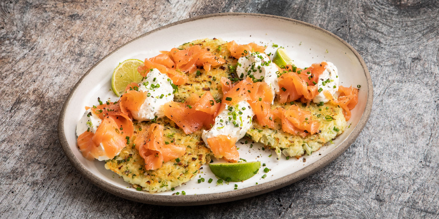 Rice Fritters With Chive Cream, Smoked Salmon and Lime Zest Recipe  - Great British Chefs