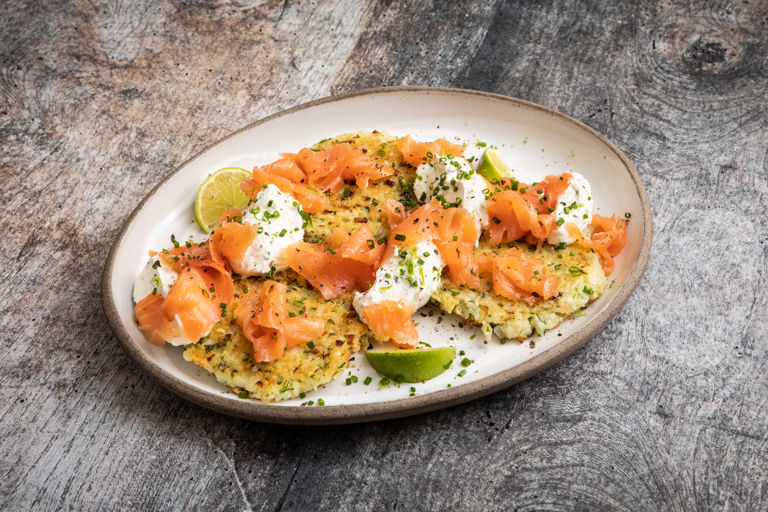 Rice fritters with chive cream, smoked salmon and lime zest