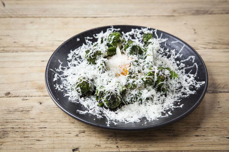 Purple sprouting broccoli, confit egg yolk, swede remoulade, Berkswell cheese