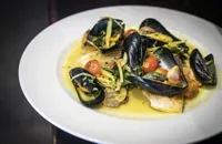 Sea bass, mussel and white wine curry