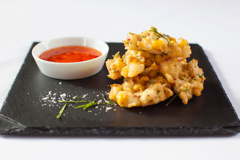 Crispy crab, sweetcorn and coriander fritters with sweet chilli sauce