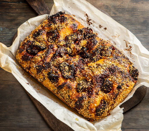 Burnt butter focaccia with pork belly, teriyaki and sesame crumble