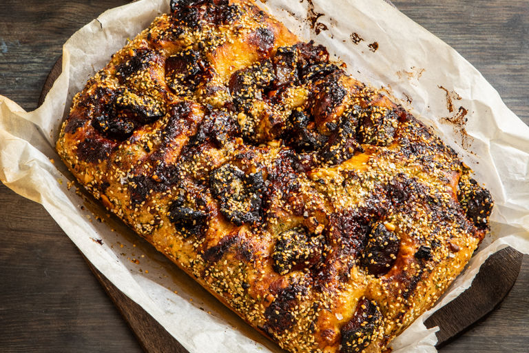 Burnt butter focaccia with pork belly, teriyaki and sesame crumble