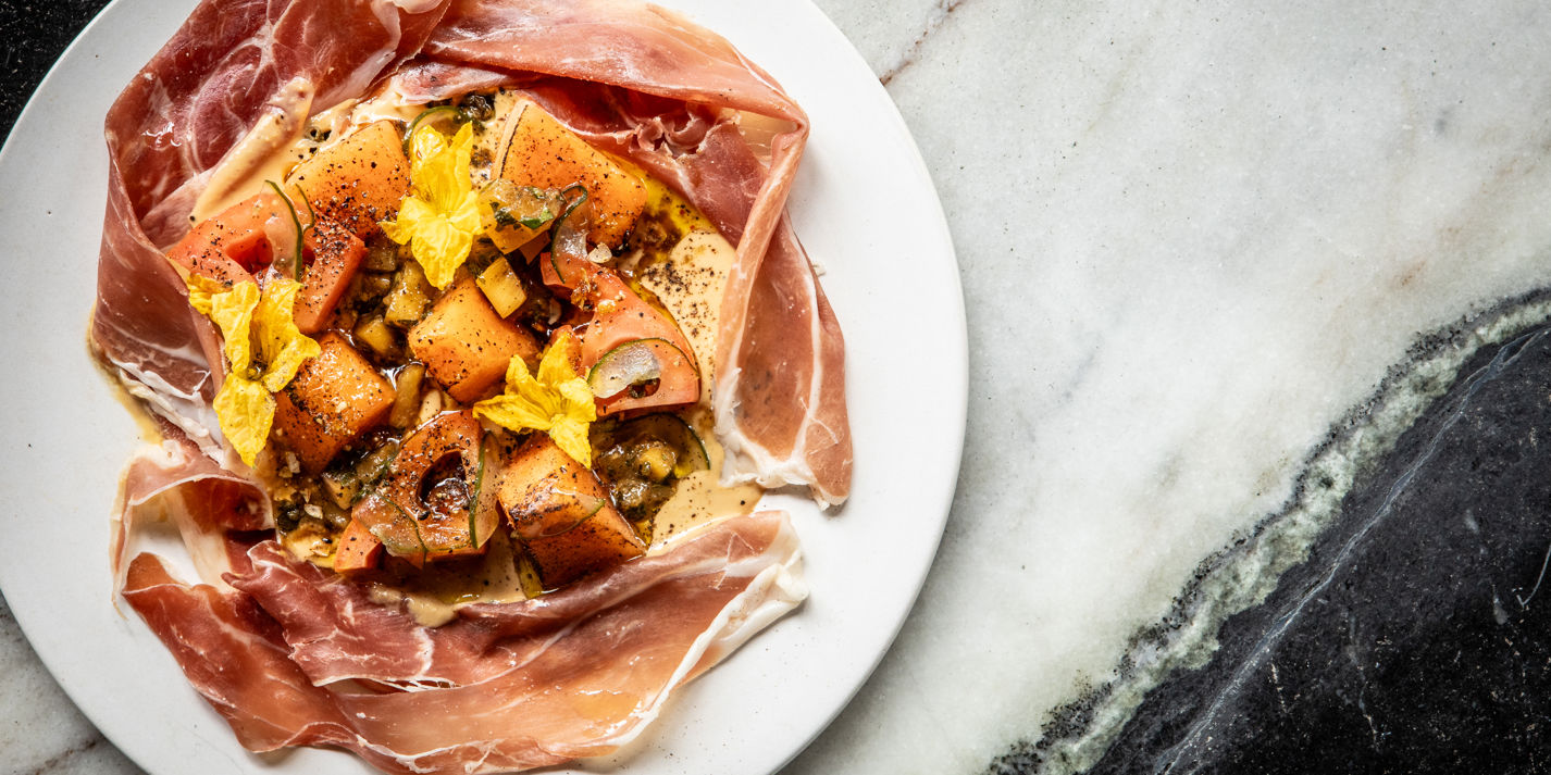 Honeydew Melon and Tomato Salad with Miso Purée and Peach Gremolata Recipe - Great British Chefs