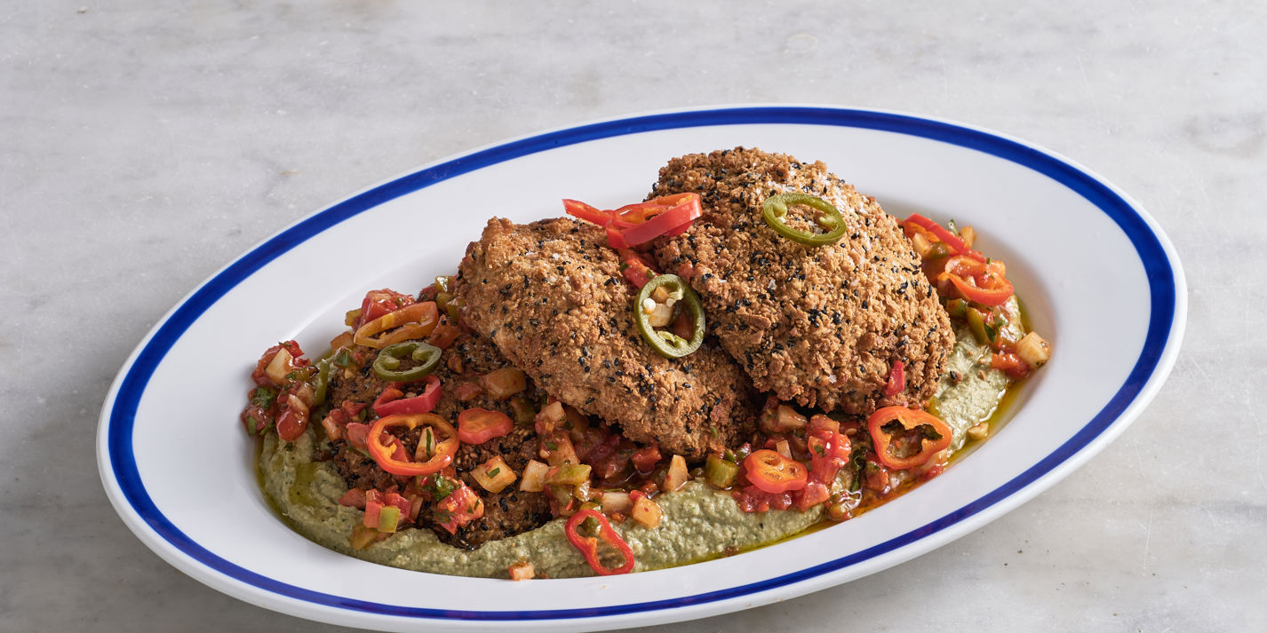 Portobello Mushroom Schnitzel, Artichoke Chickpea Spread and Pickled Chilli Ezme Recipe - Great Brit