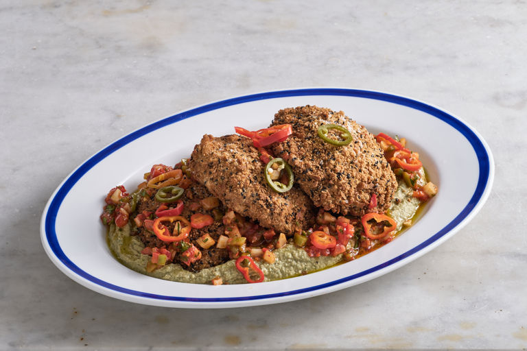 Portobello mushroom sesame seed schnitzel with artichoke chickpea spread and pickled chilli Turkish ezme