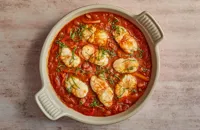 Monkfish with peppers, tomatoes and beans