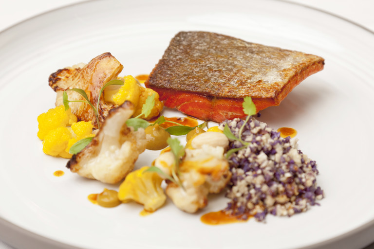 Alaska salmon, curried cauliflower, almonds, coriander