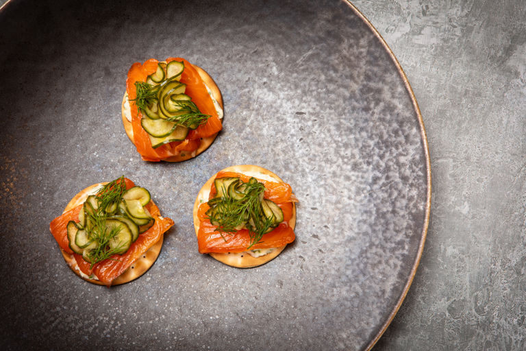 Citrus-cured Chalk Stream trout, chive crème fraîche, pickled cucumbers and dill