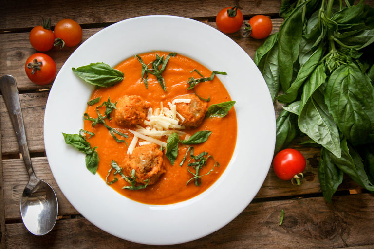 Roasted tomato soup with cheddar dumplings