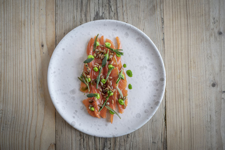 Kimchi-cured sea trout with pickled sea vegetables