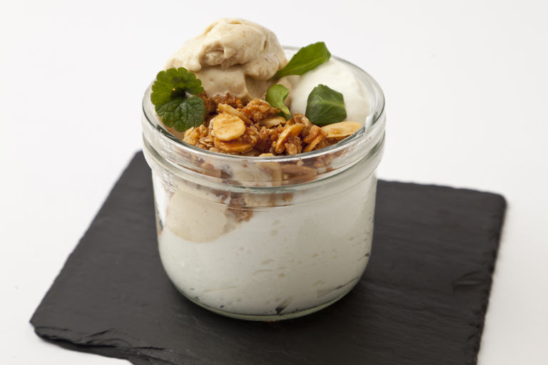 Fig ice cream with granola and yoghurt mousse