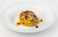 Pasta alla chitarra with fresh mackerel, capers, tomatoes and Taggiasca olives
