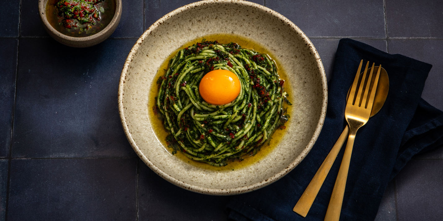 Green Spaghetti with Golden Egg Yolk and Chilli Gremolata Recipe - Great British Chefs-image