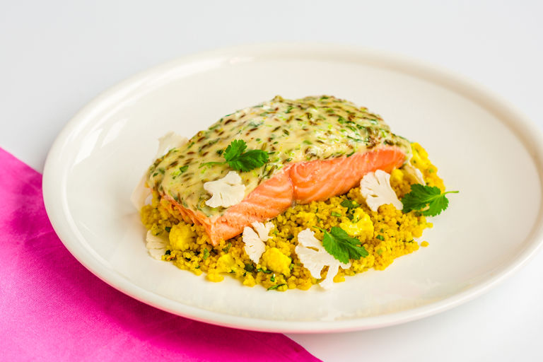 Steamed Salmon, saffron and cauliflower cous-cous, 